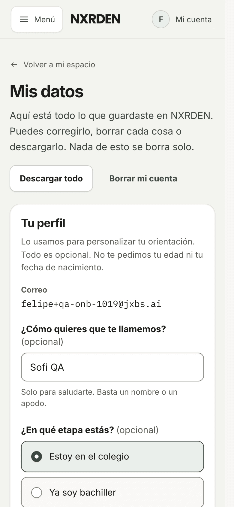 Captura de «Mis datos» en NXRDEN